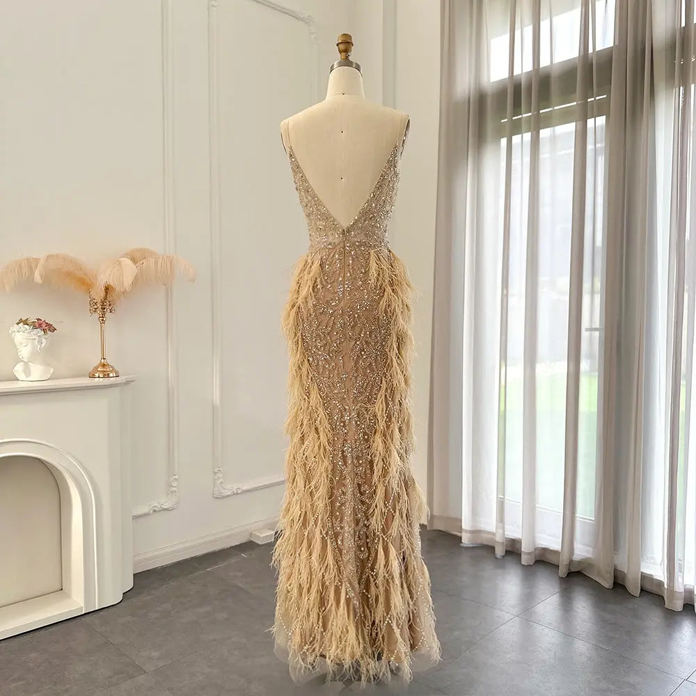 Luxury Feathers Champagne Spaghetti Evening Dress SS374
