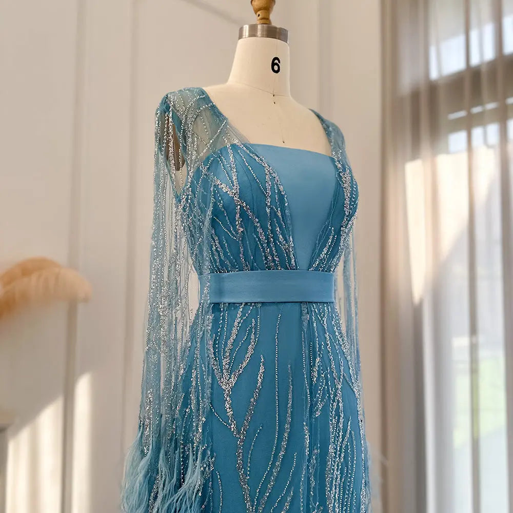 Luxury Feathers Yellow Evening Dress with Cape Sleeves SS420