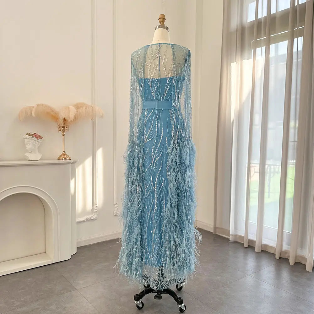 Luxury Feathers Yellow Evening Dress with Cape Sleeves SS420