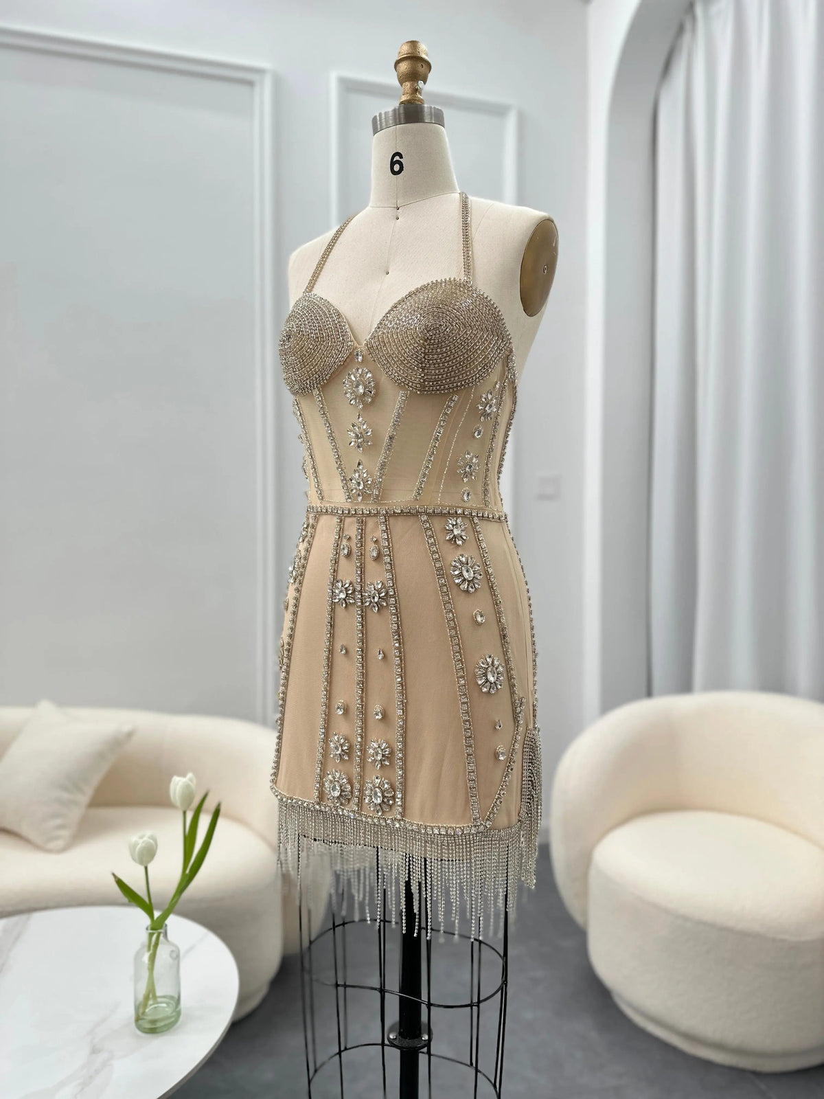 Luxury Crystal Tassels Halter Short Cocktail Dress RM014