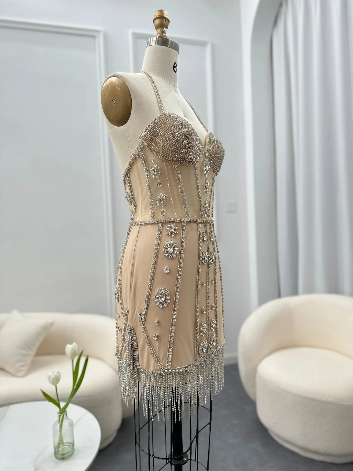 Luxury Crystal Tassels Halter Short Cocktail Dress RM014