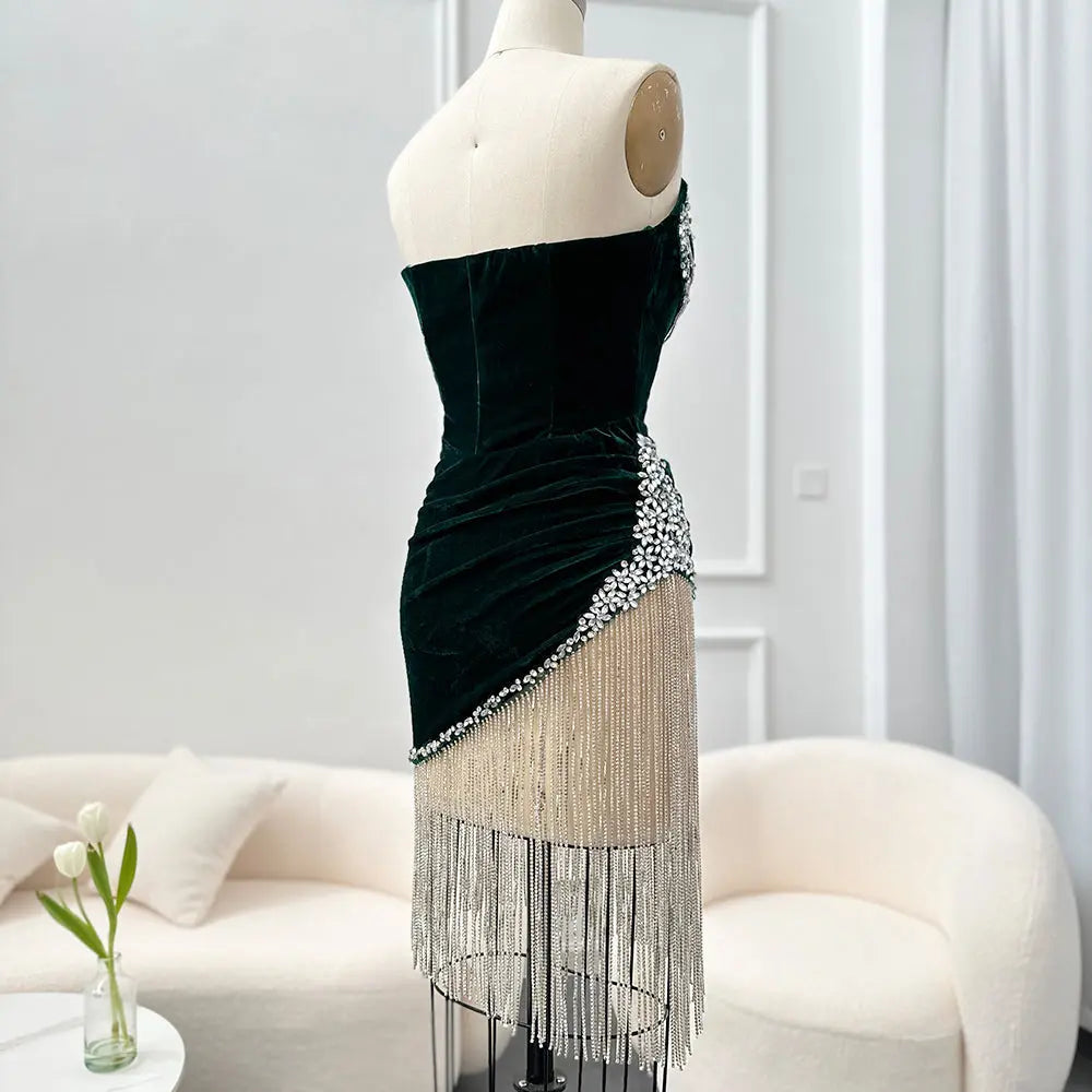 Green Crystal Tassel Velvet Short Cocktail Party Dress RM049