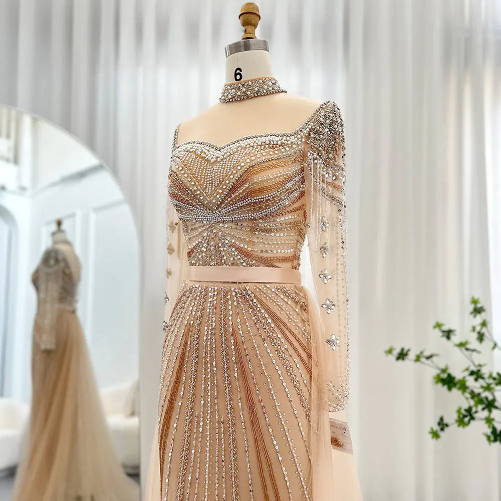 Luxury Champagne Evening Dress with Detachable Overskirt SS265