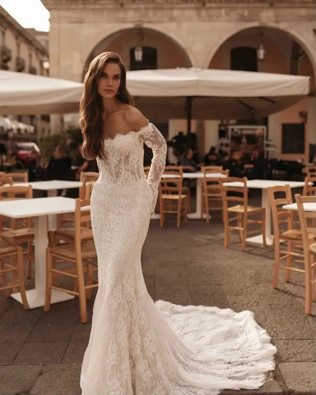 Romantic Ivory Off-the-Shoulder Lace Mermaid Wedding Dress with Tulle Overlay SW172