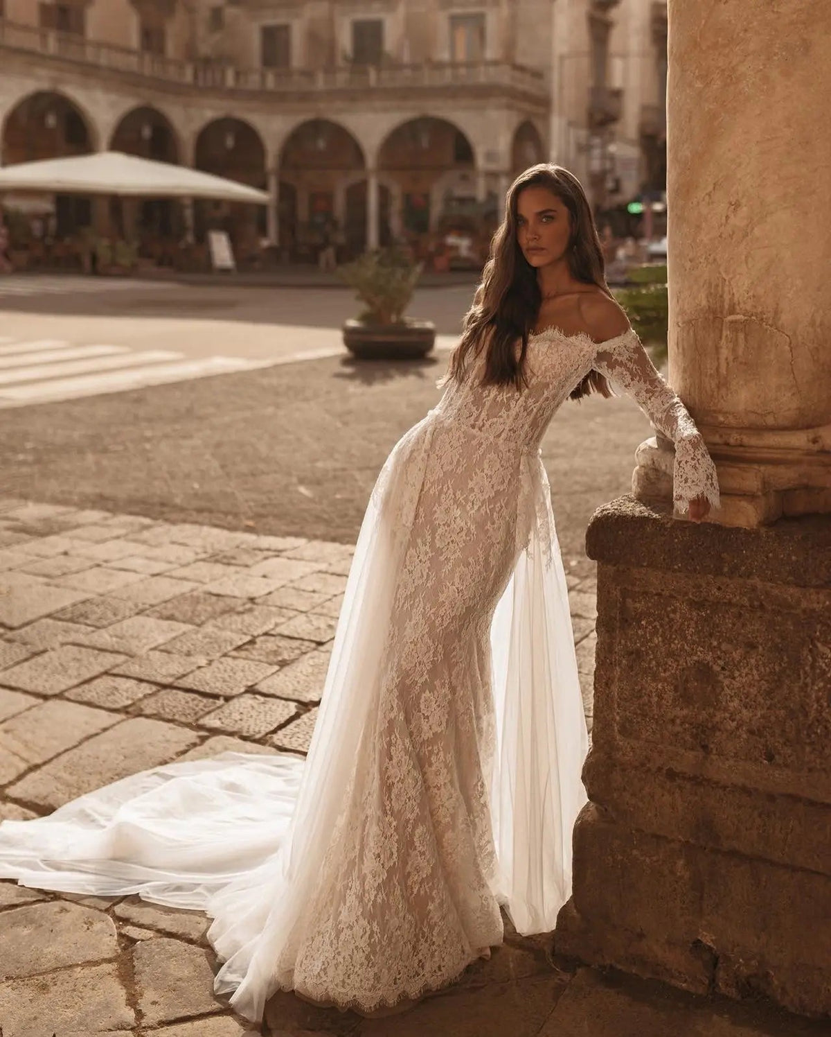 Romantic Ivory Off-the-Shoulder Lace Mermaid Wedding Dress with Tulle Overlay SW172