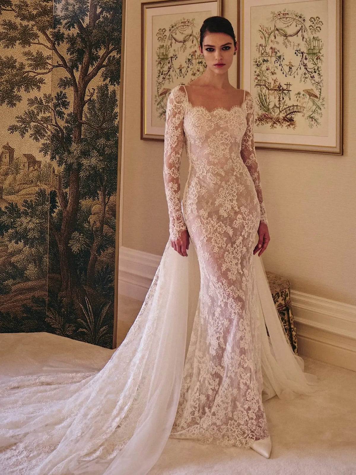 Romantic Ivory Long Sleeve Lace Mermaid Wedding Dress with Overskirt SW228