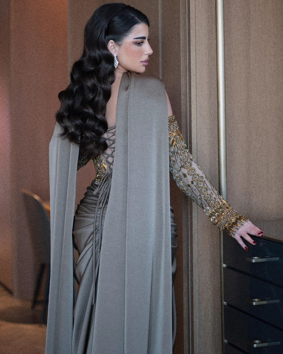 Luxury Gray Embellished Cape Fitted Evening Dress with Scarf SS564