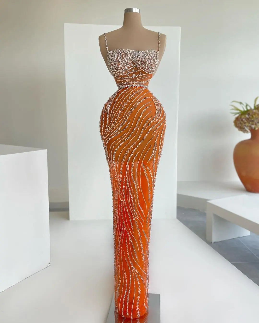 Luxury Orange Crystal Spaghetti Cocktail Party Evening Dress SS351