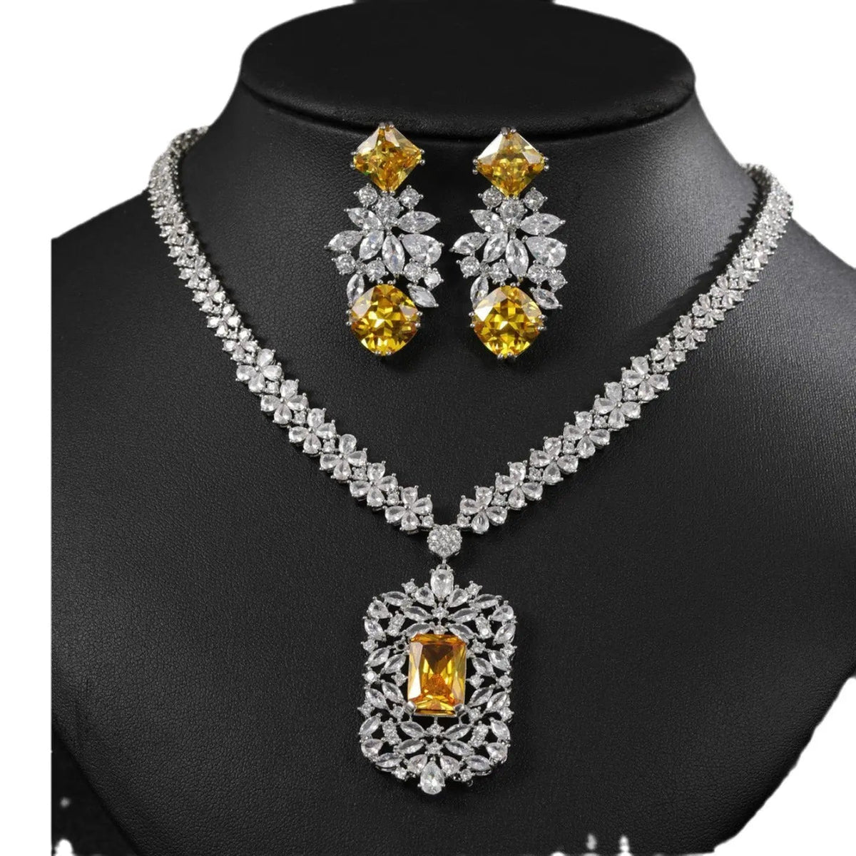Floral Rectangular Zircon Necklace Earring Set JW005