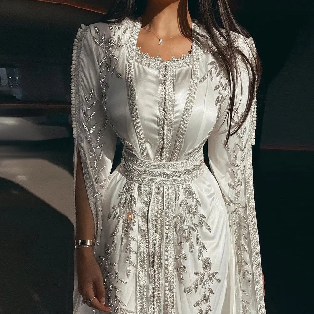 Luxury Moroccan Kaftan Ivory Long Sleeve Evening Dress SS439