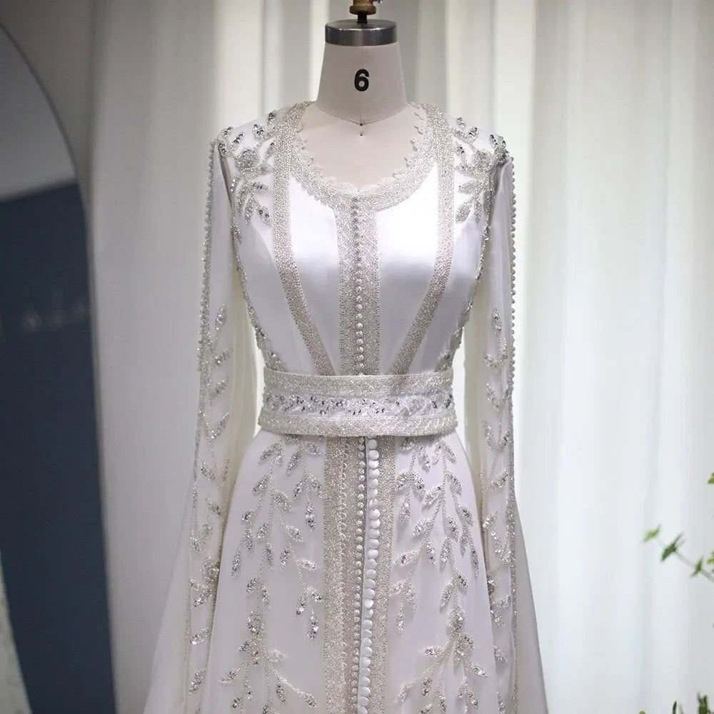 Luxury Moroccan Kaftan Ivory Long Sleeve Evening Dress SS439