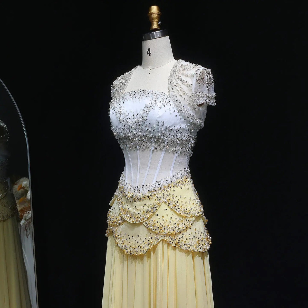 Luxury Pearls Tassel Blue and Yellow Evening Dress with Flowing Sleeves SS286