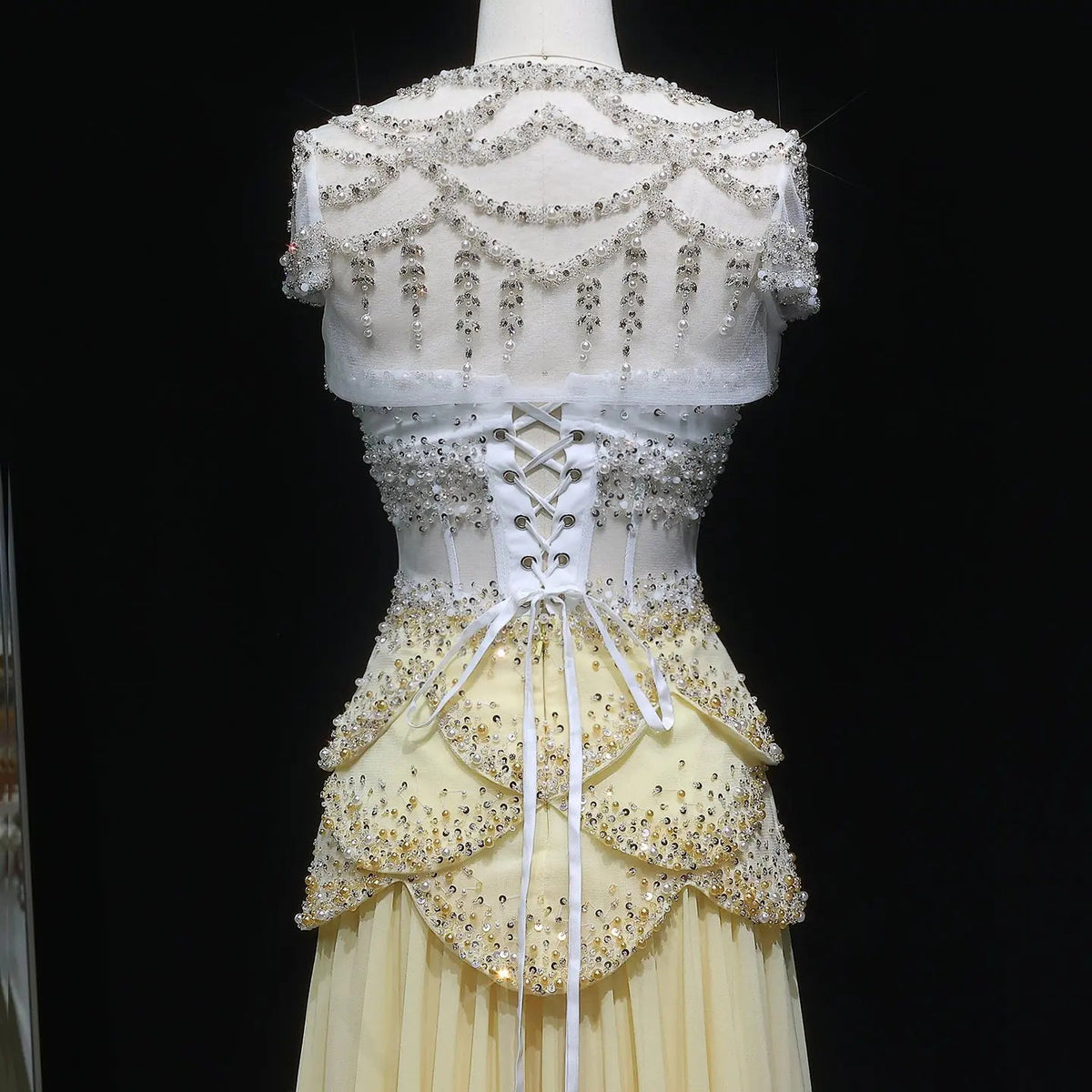 Luxury Pearls Tassel Blue and Yellow Evening Dress with Flowing Sleeves SS286