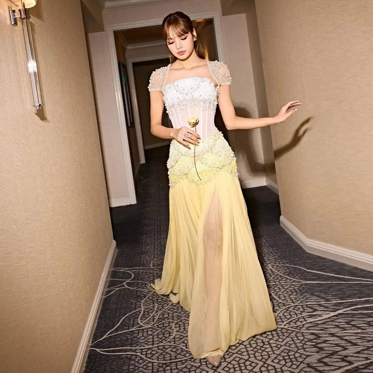Luxury Pearls Tassel Blue and Yellow Evening Dress with Flowing Sleeves SS286