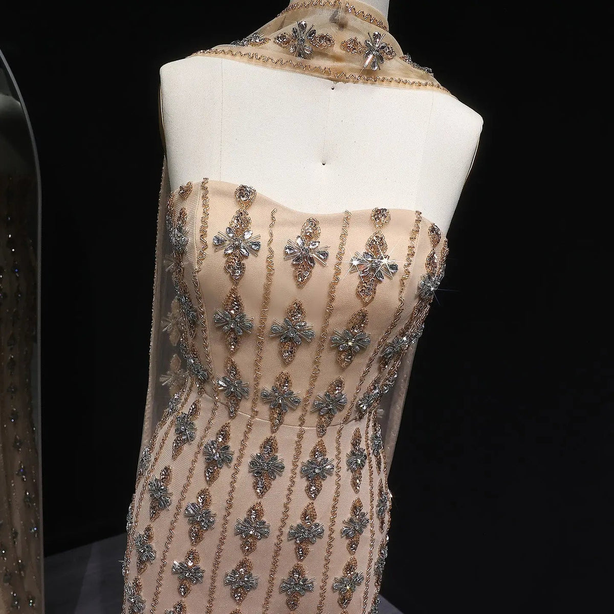 Luxury Beaded Nude Strapless Evening Dress with Scarf SS229