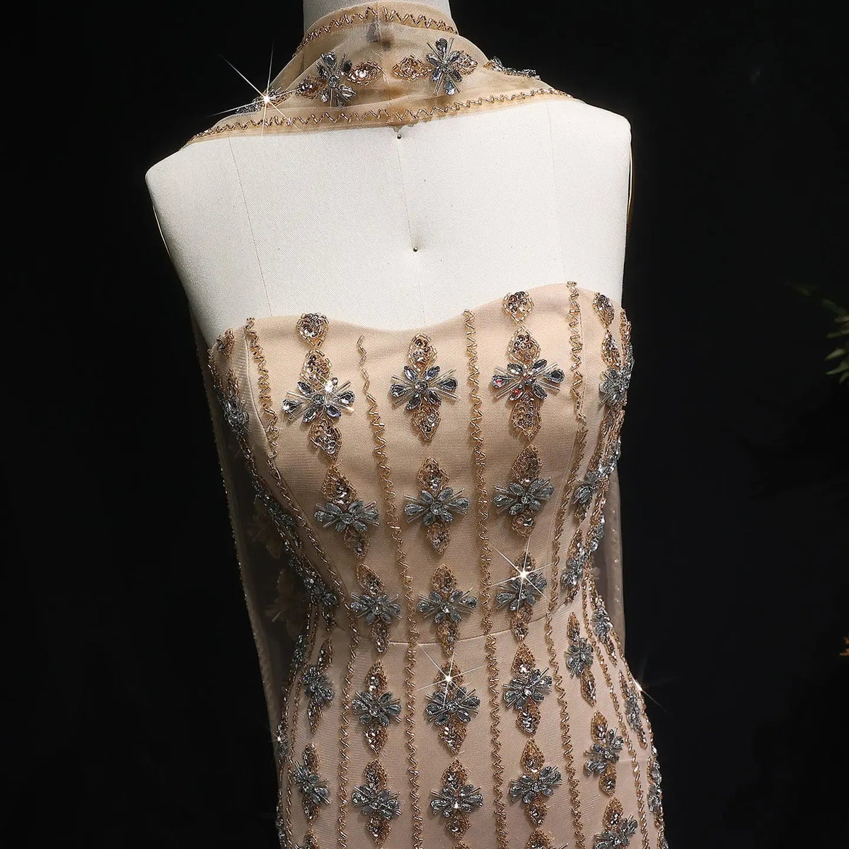Luxury Beaded Nude Strapless Evening Dress with Scarf SS229