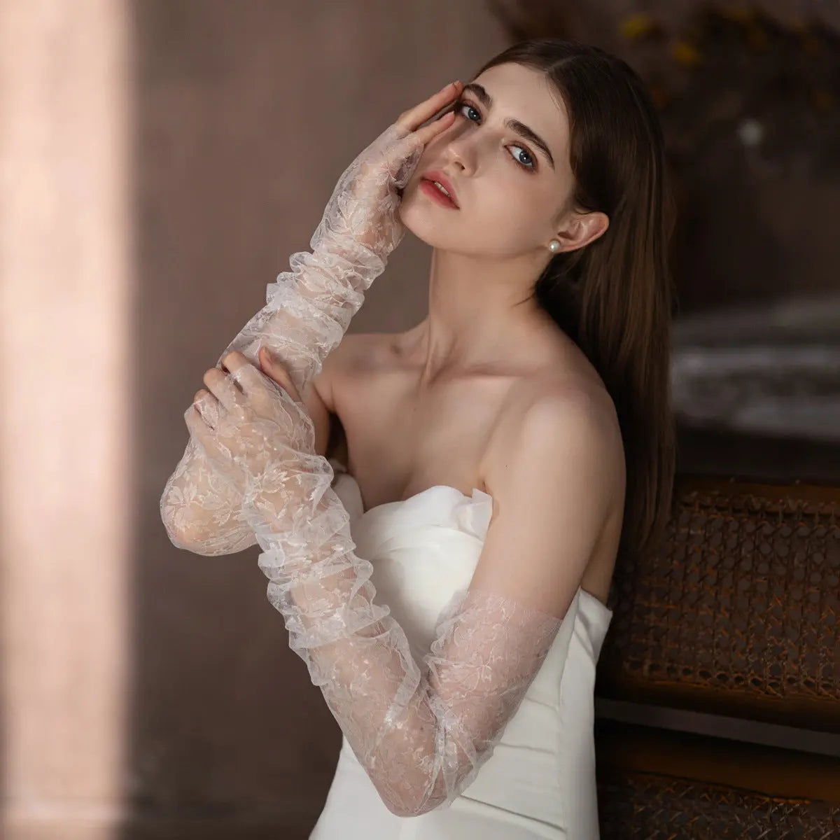 Elegant Ruched Floral Lace Fingerless Bridal Gloves Long Wedding Sheer Gloves for Women GL008