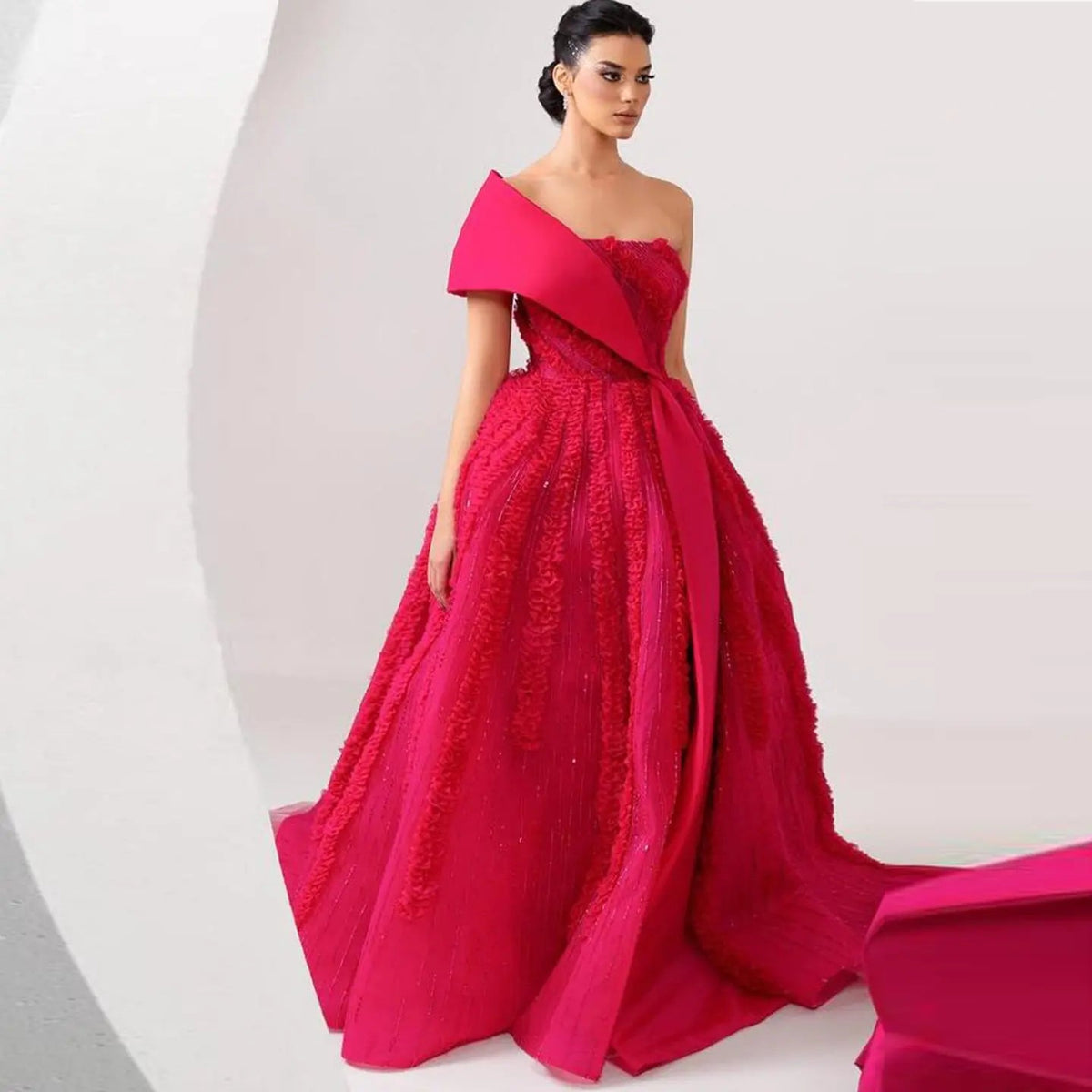 Luxury Fuchsia Beaded Textured Ball Gown Train Evening Dress XD042