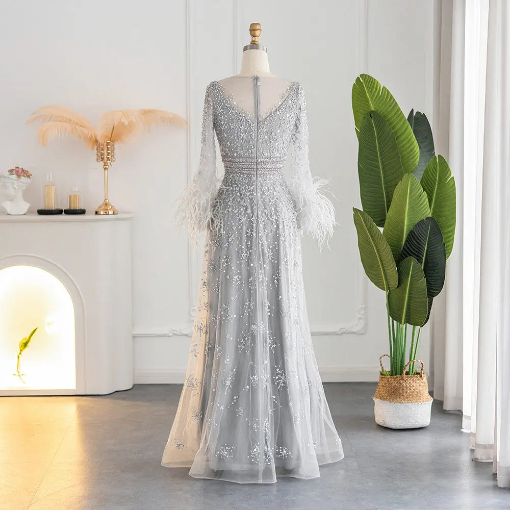 Luxury Champagne Feathers Long Sleeves Evening Dress SS101