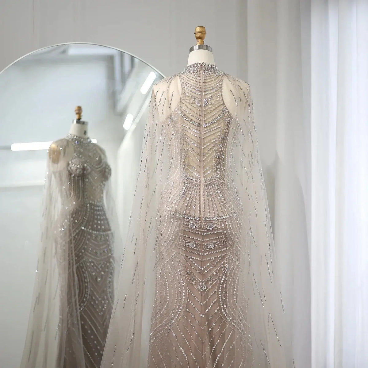 Luxury Champagne Evening Dress with Cape Sleeves SS077