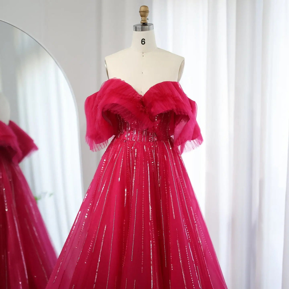 Luxury Off Shoulder Ball Gown Fuchsia Evening Dress SS390