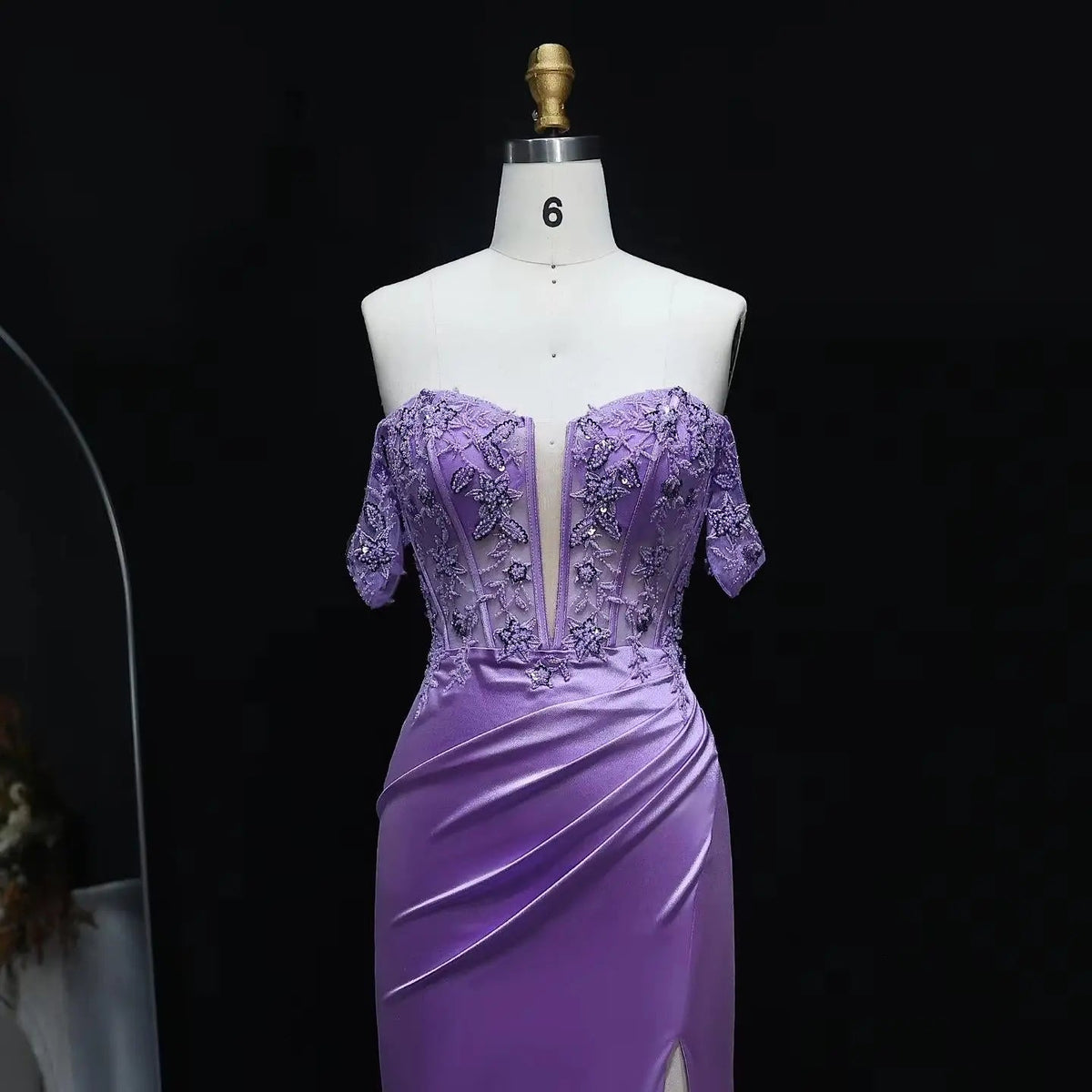 Luxury Lilac Off-the-Shoulder Beaded Sheer High-Slit Mermaid Prom Dress SH534
