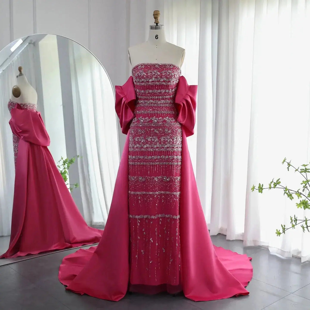 Luxury Sage Green Beaded Evening Dress with Cape SS238