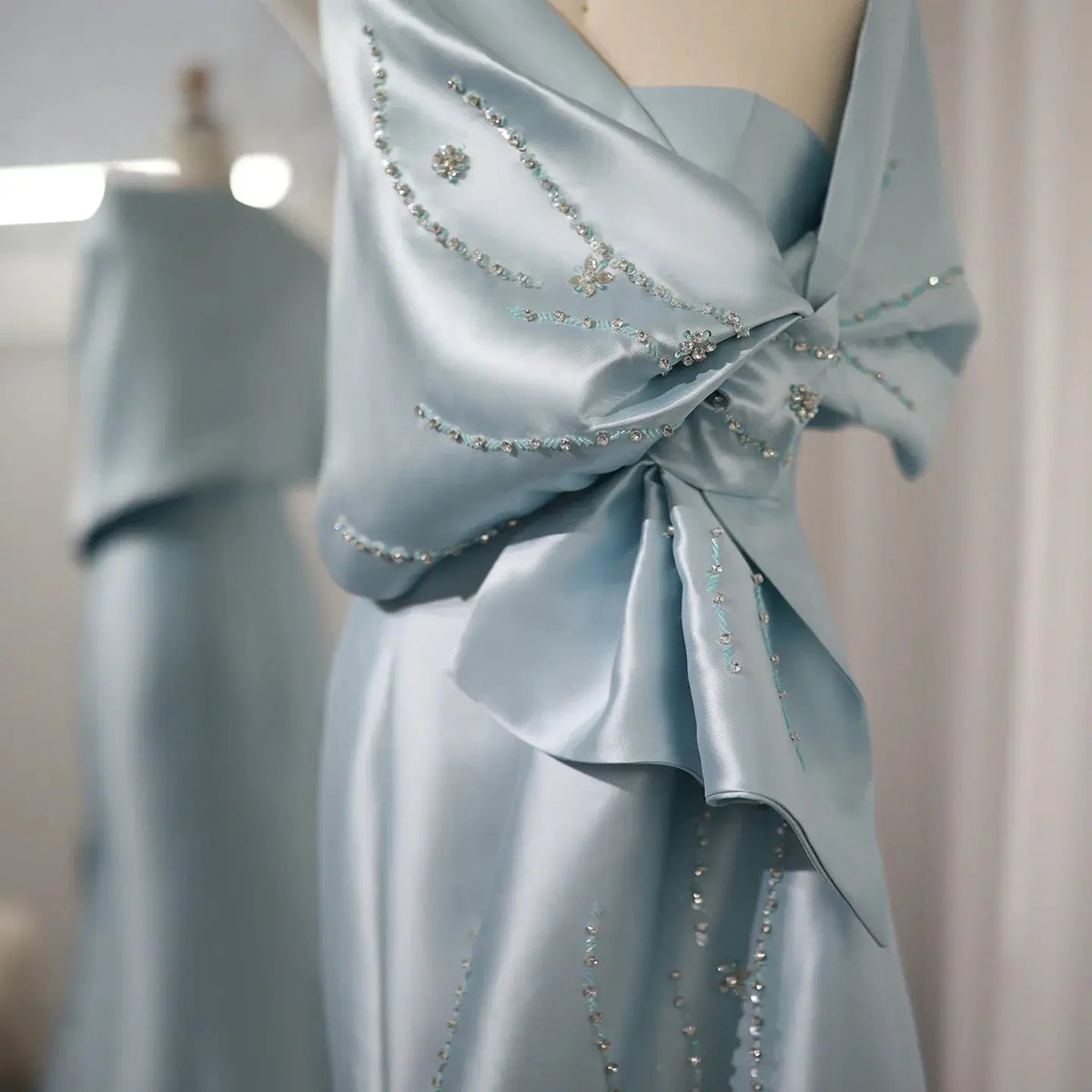 Luxury Blue Mermaid Evening Dress with Beaded Cape Shawl SS333