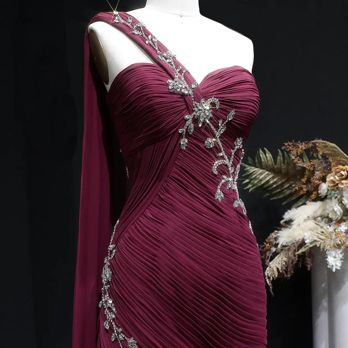 Dreamy One-Shoulder Ruched Chiffon Evening Dress with Crystal Details and Train SF249