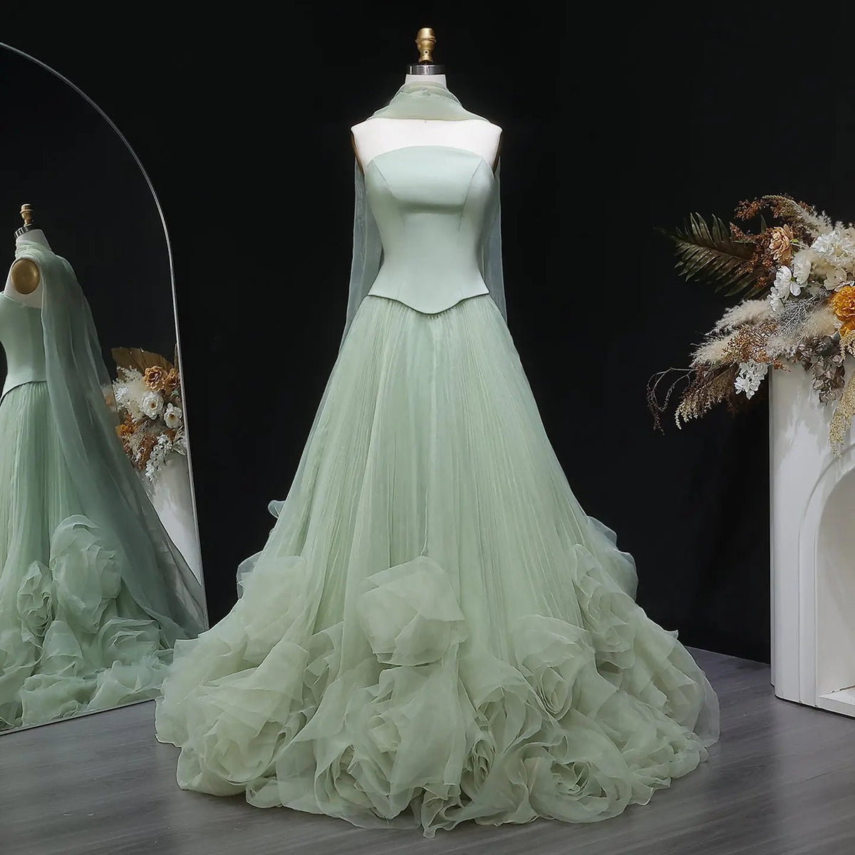 Elegant Green Strapless 3D Flowers Evening Dress SF300