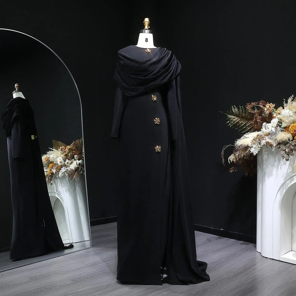 Elegant Off White Satin Arabic Evening Dress with Cape SF536