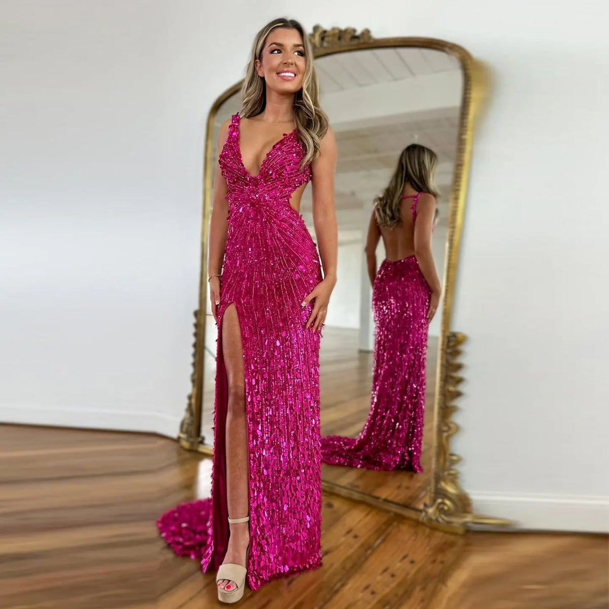 Luxury Fuchsia Deep V Sequin Cutout High-Slit Mermaid Prom Dress SH351