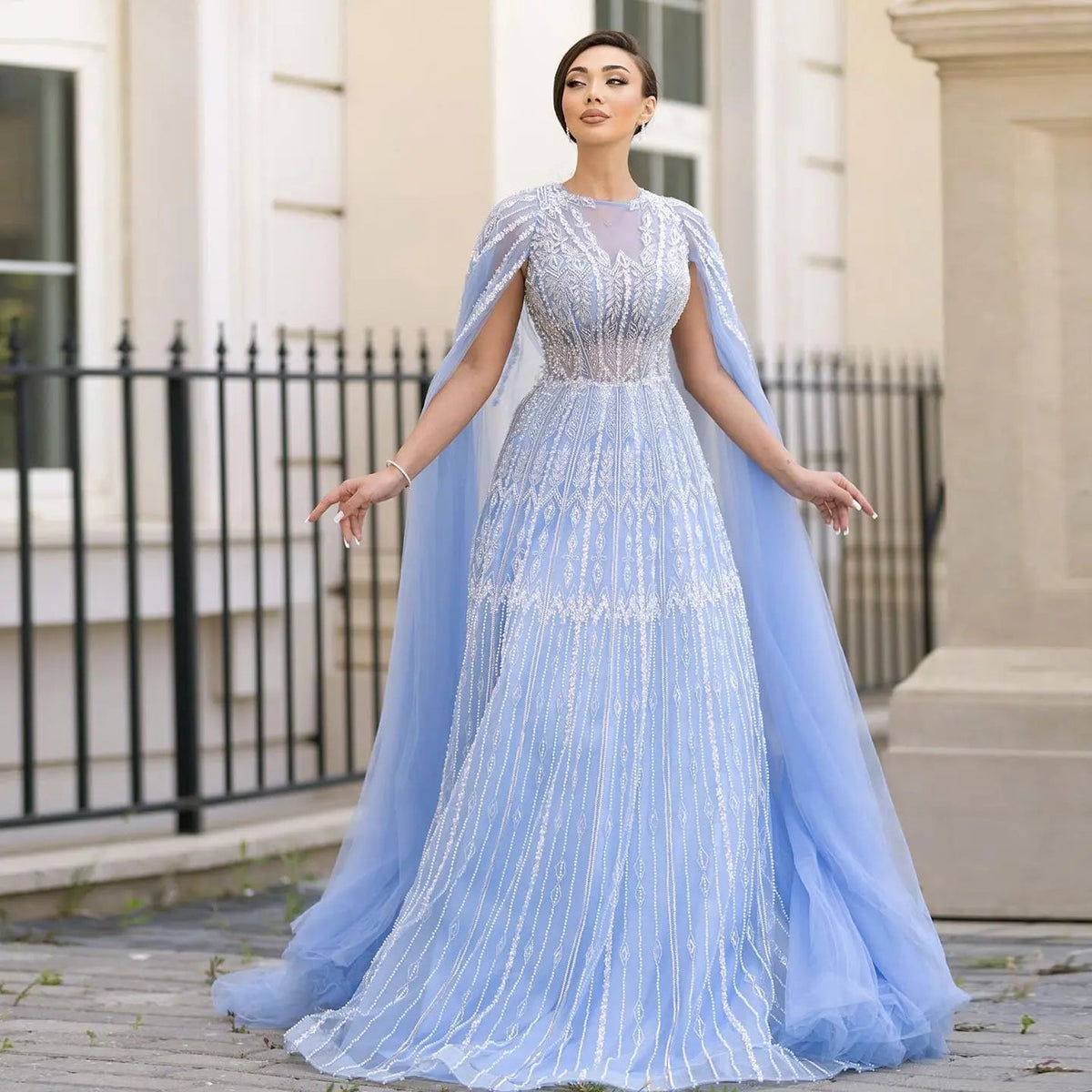 Luxury Blue Evening Dress with Cape Sleeves SS001