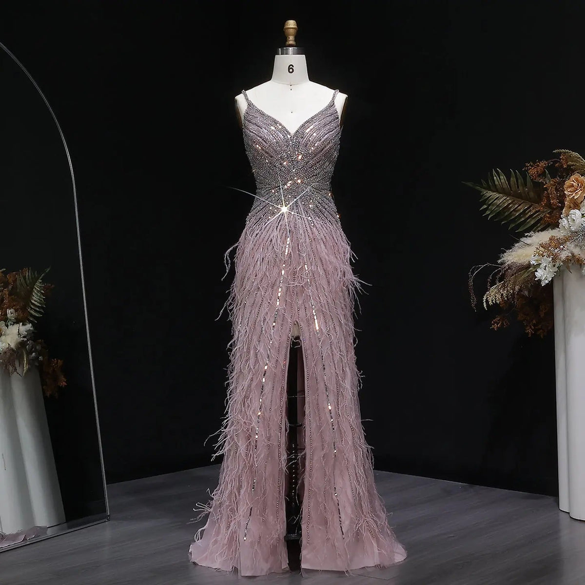 Luxury Beaded Blue Mermaid Feathers Prom Dress SS004