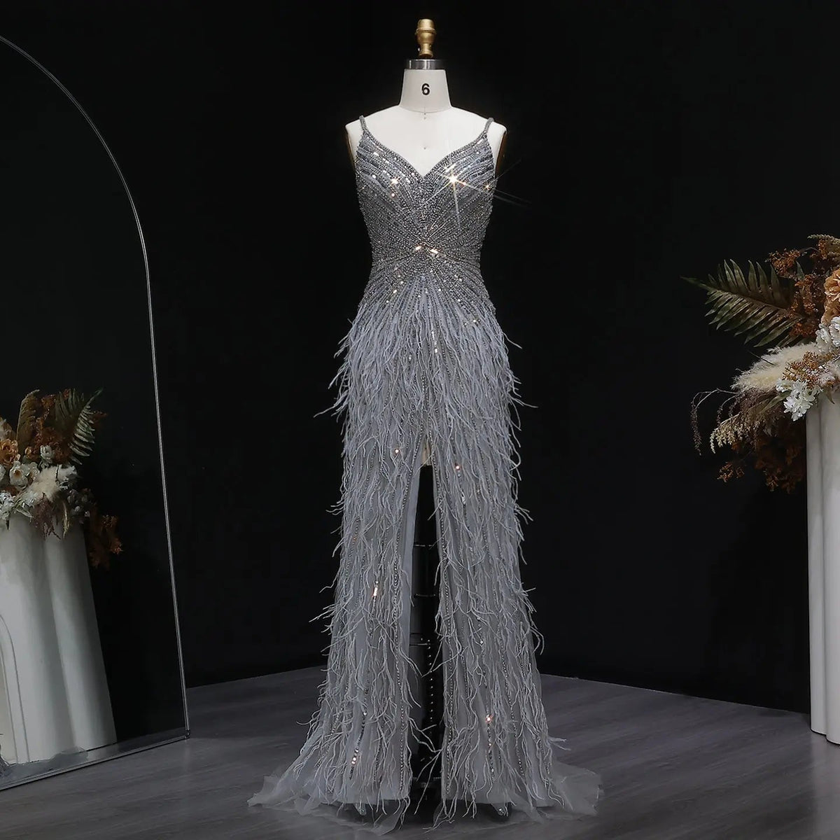 Luxury Beaded Blue Mermaid Feathers Prom Dress SS004