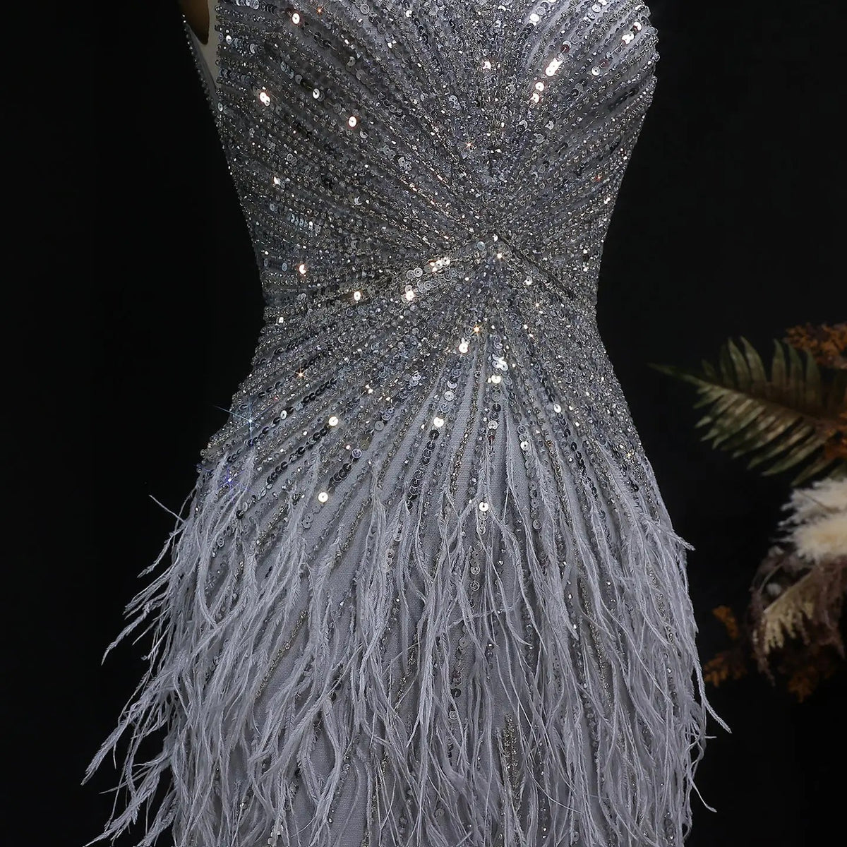 Luxury Beaded Blue Mermaid Feathers Prom Dress SS004