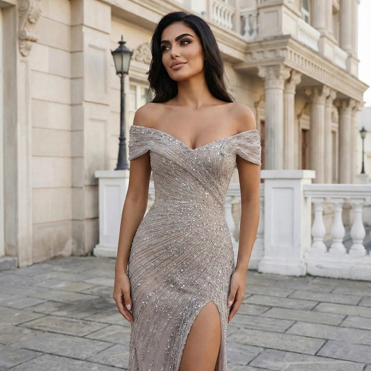 Luxury Champagne Sequin Off-the-Shoulder Evening Dress with High Slit SS007