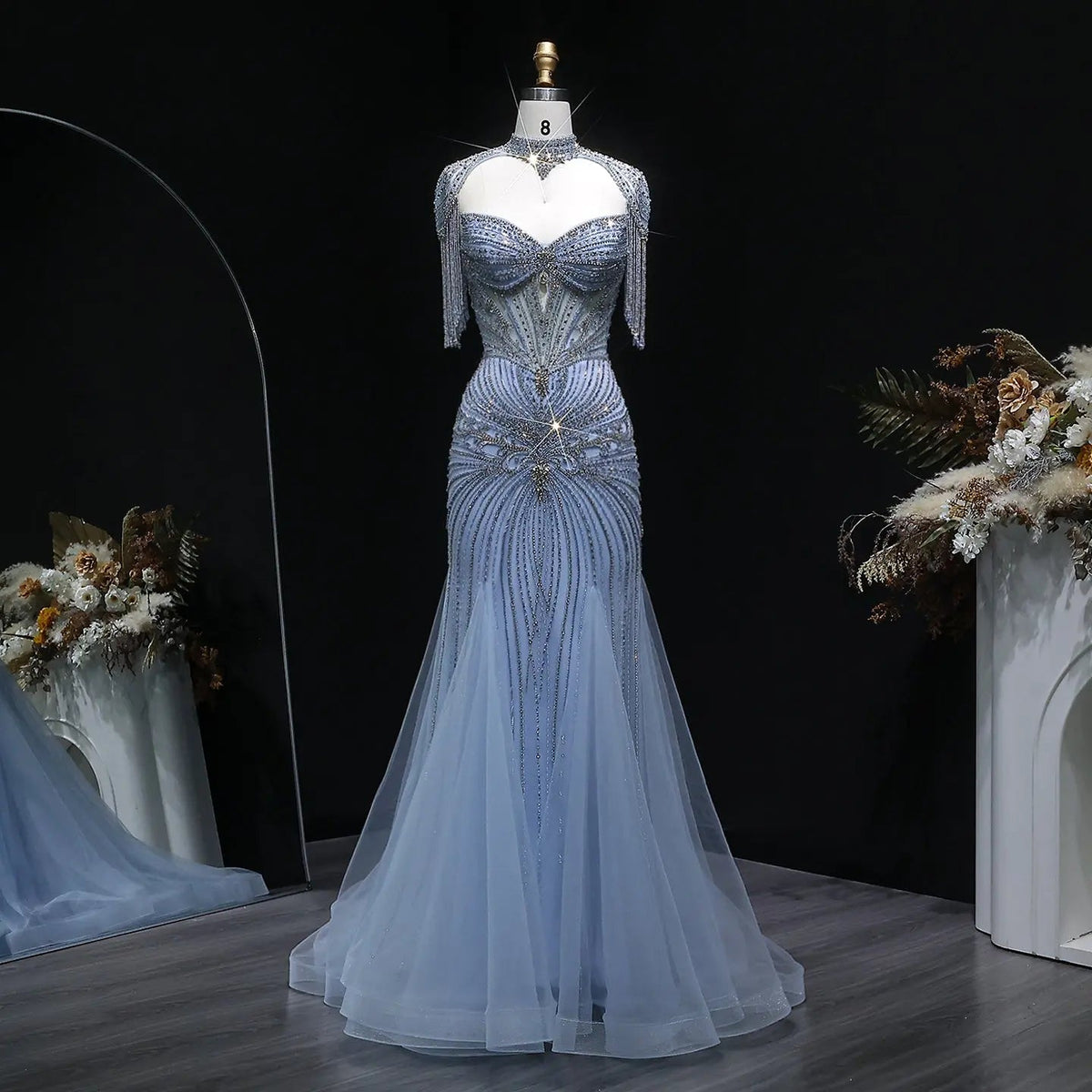 Luxury Champagne Beaded Crystal Evening Dress with Tassel Shoulder SS021