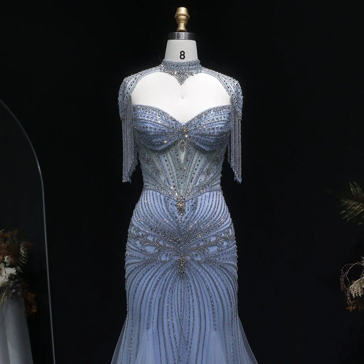 Luxury Champagne Beaded Crystal Evening Dress with Tassel Shoulder SS021