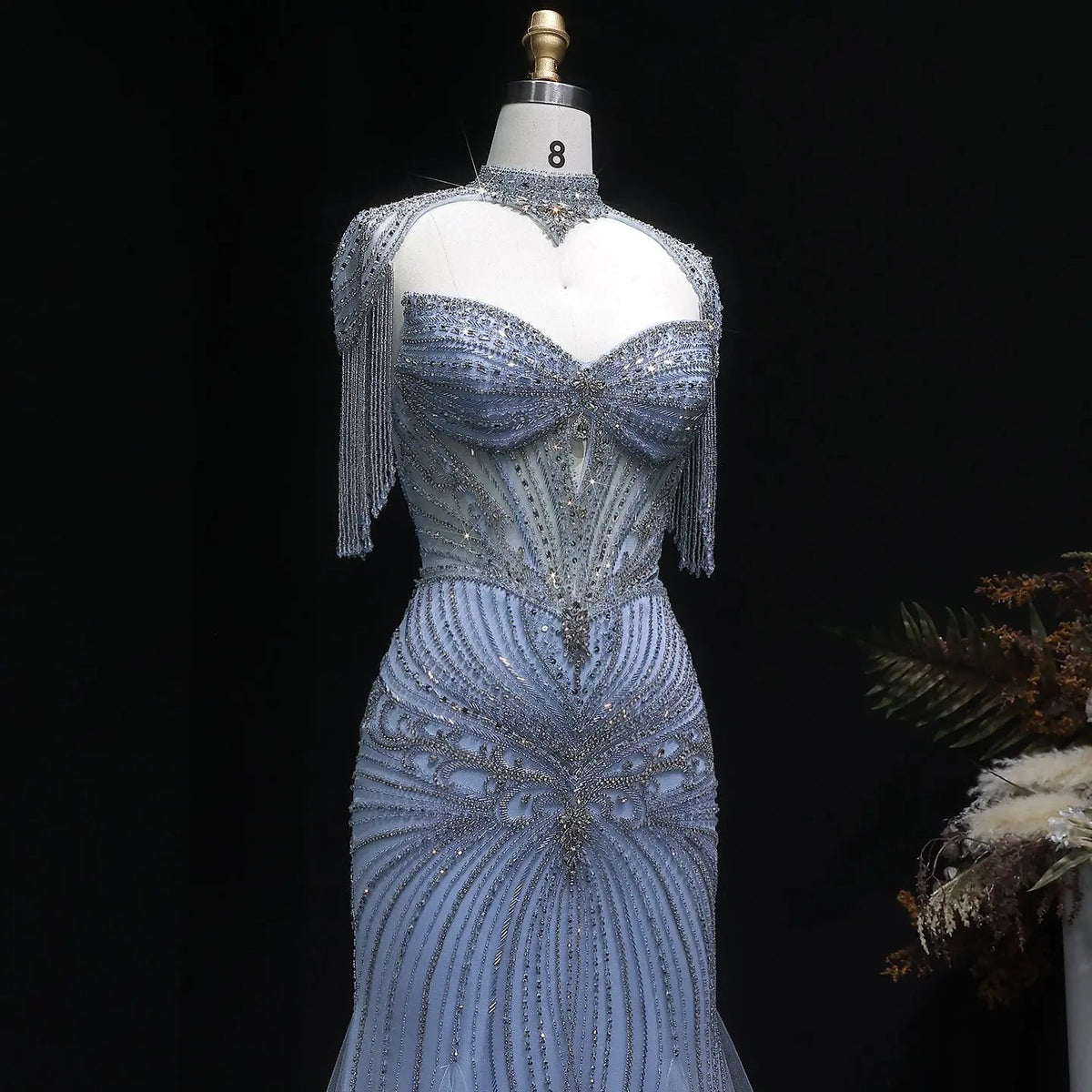 Luxury Champagne Beaded Crystal Evening Dress with Tassel Shoulder SS021