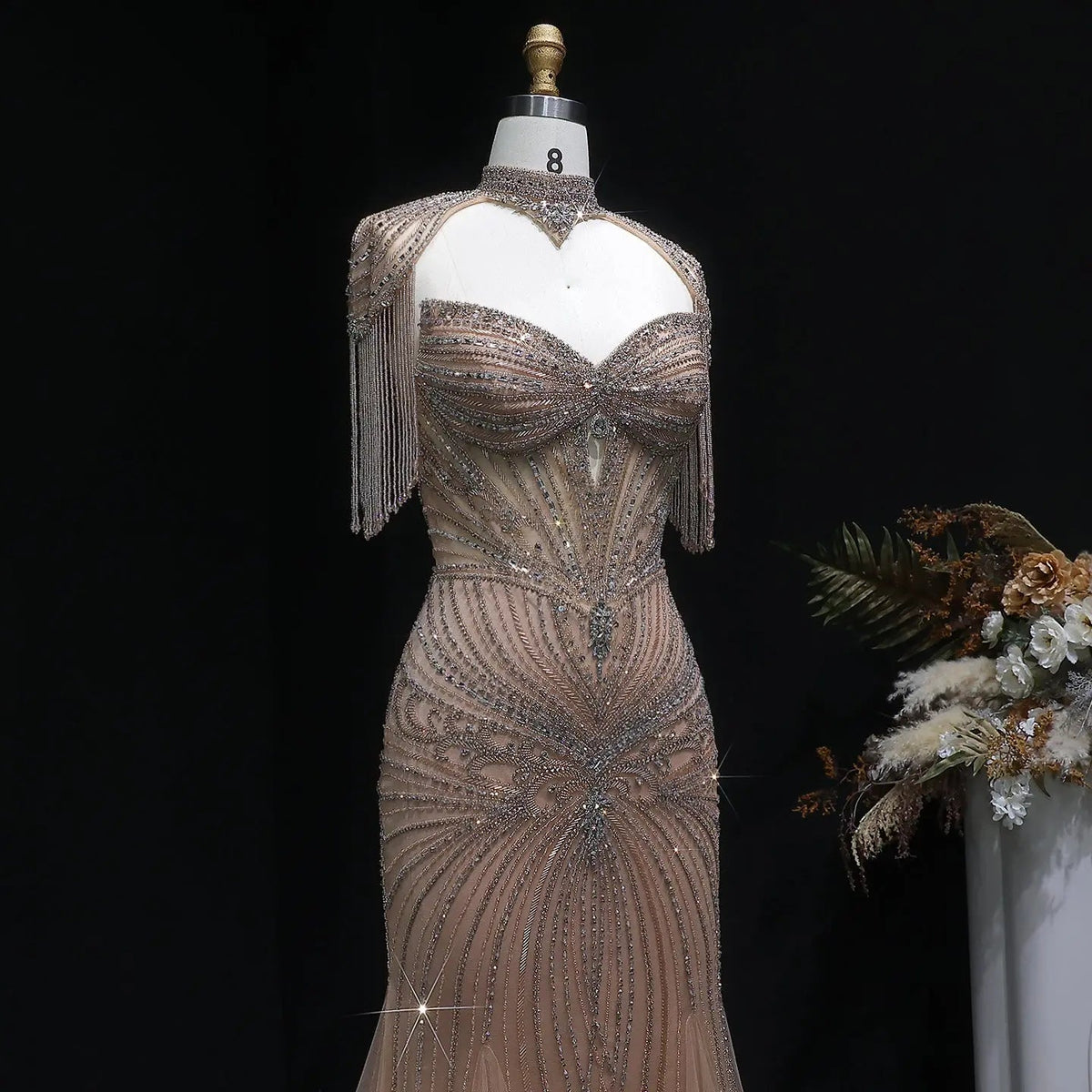 Luxury Champagne Beaded Crystal Evening Dress with Tassel Shoulder SS021