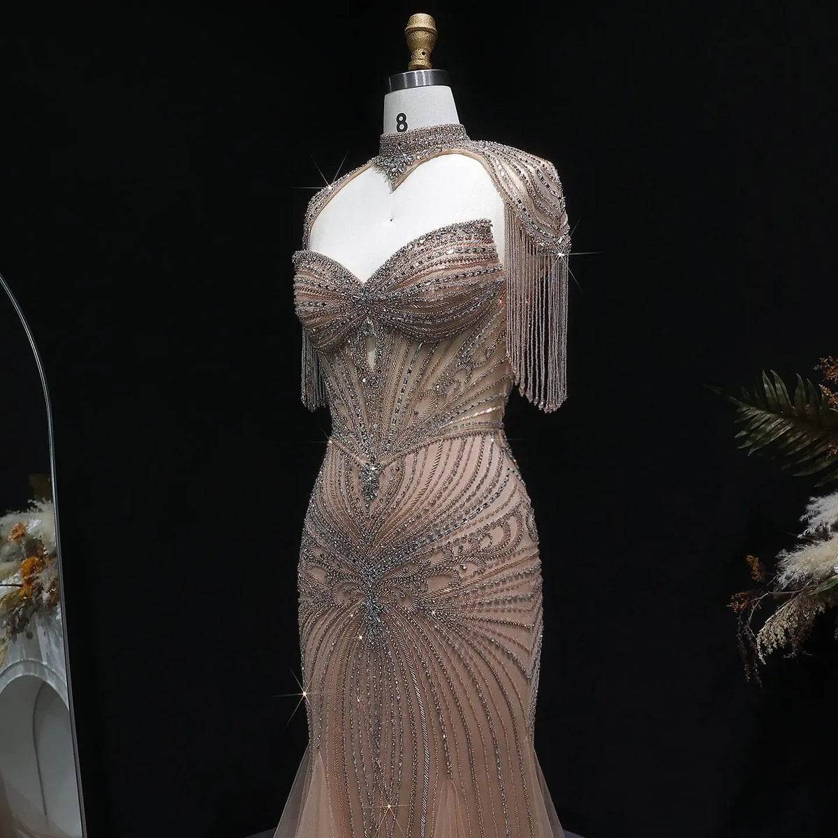 Luxury Champagne Beaded Crystal Evening Dress with Tassel Shoulder SS021