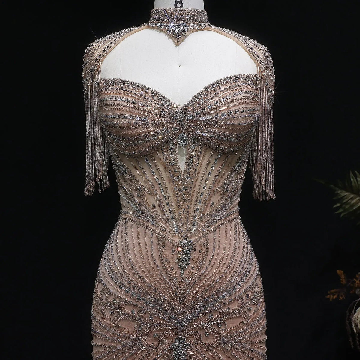 Luxury Champagne Beaded Crystal Evening Dress with Tassel Shoulder SS021
