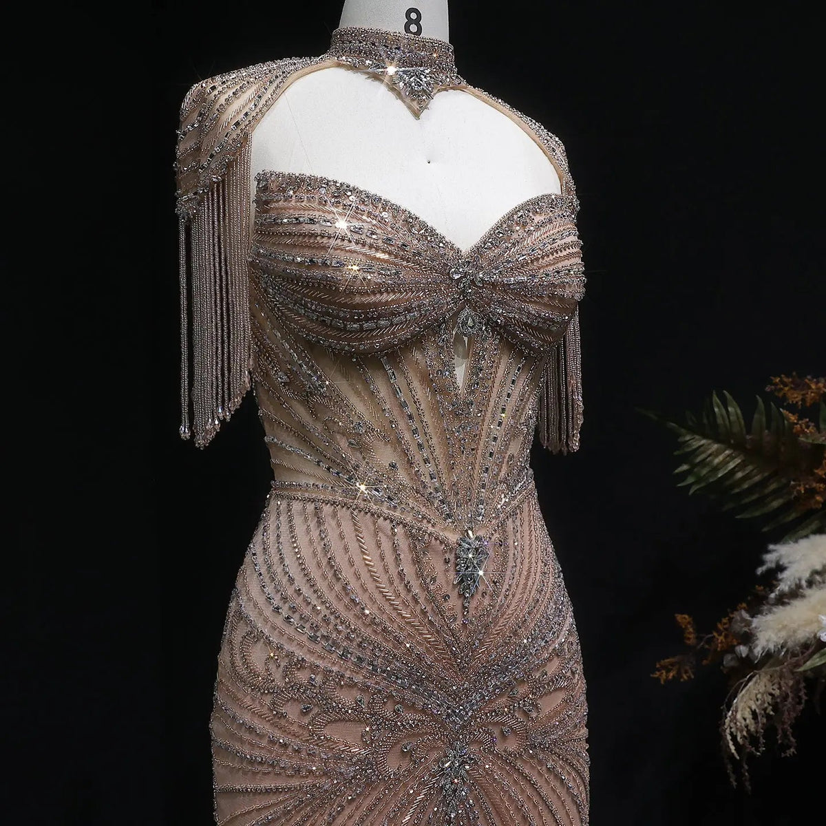 Luxury Champagne Beaded Crystal Evening Dress with Tassel Shoulder SS021