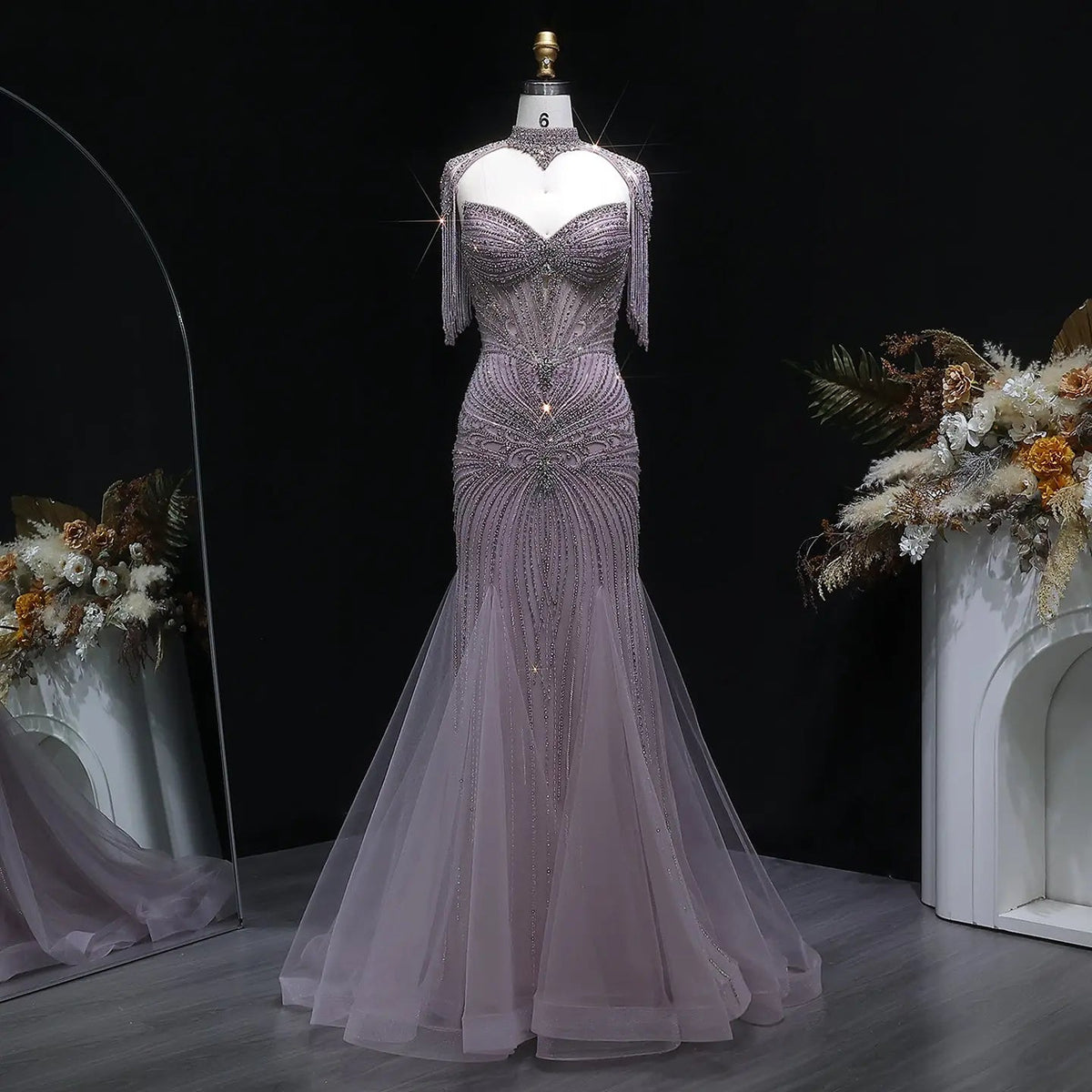 Luxury Champagne Beaded Crystal Evening Dress with Tassel Shoulder SS021
