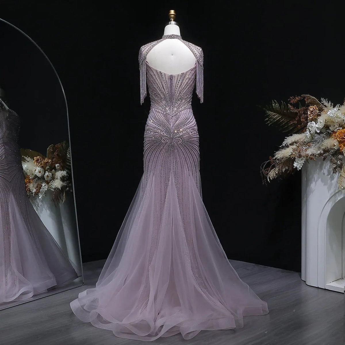 Luxury Champagne Beaded Crystal Evening Dress with Tassel Shoulder SS021