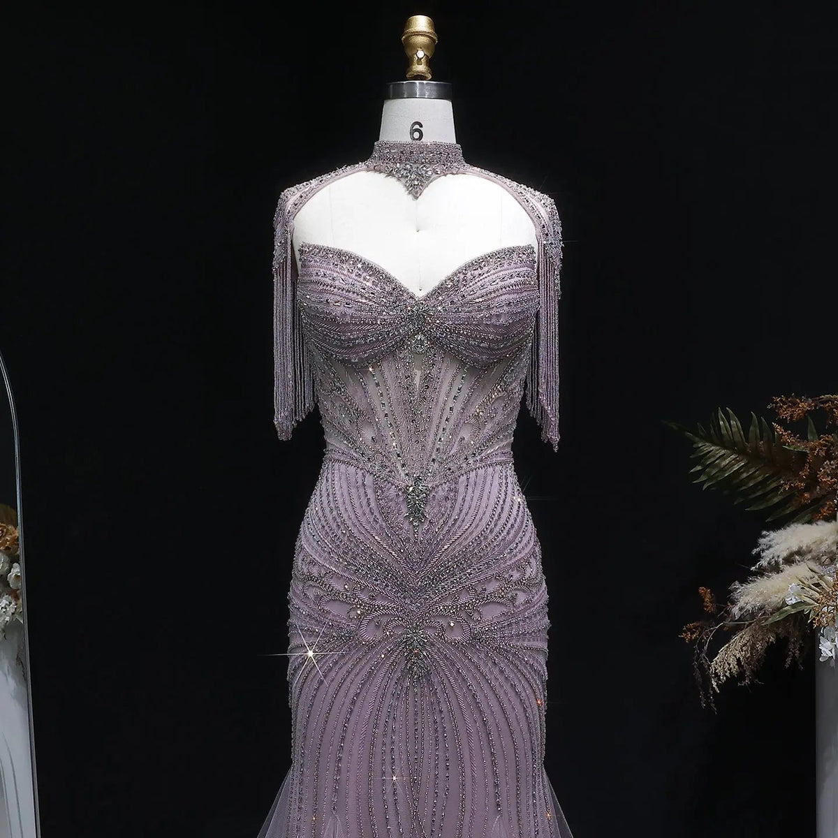 Luxury Champagne Beaded Crystal Evening Dress with Tassel Shoulder SS021
