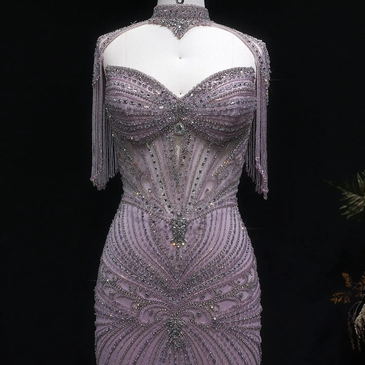 Luxury Champagne Beaded Crystal Evening Dress with Tassel Shoulder SS021