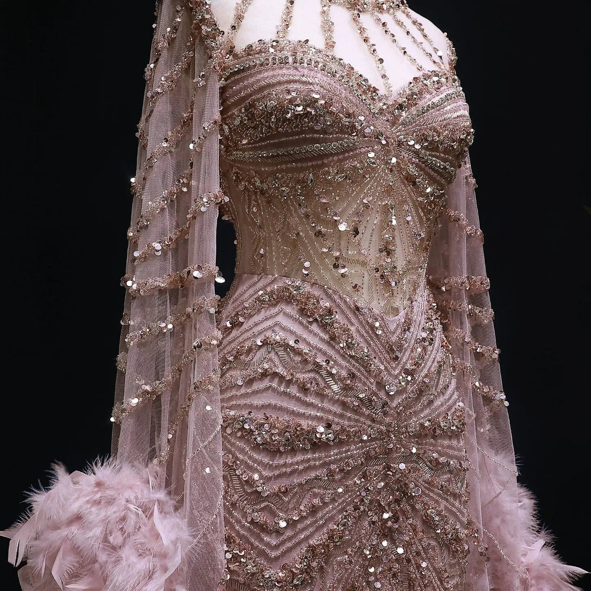 Luxury Beaded Evening Dress with Feather Cape Sleeves SS082
