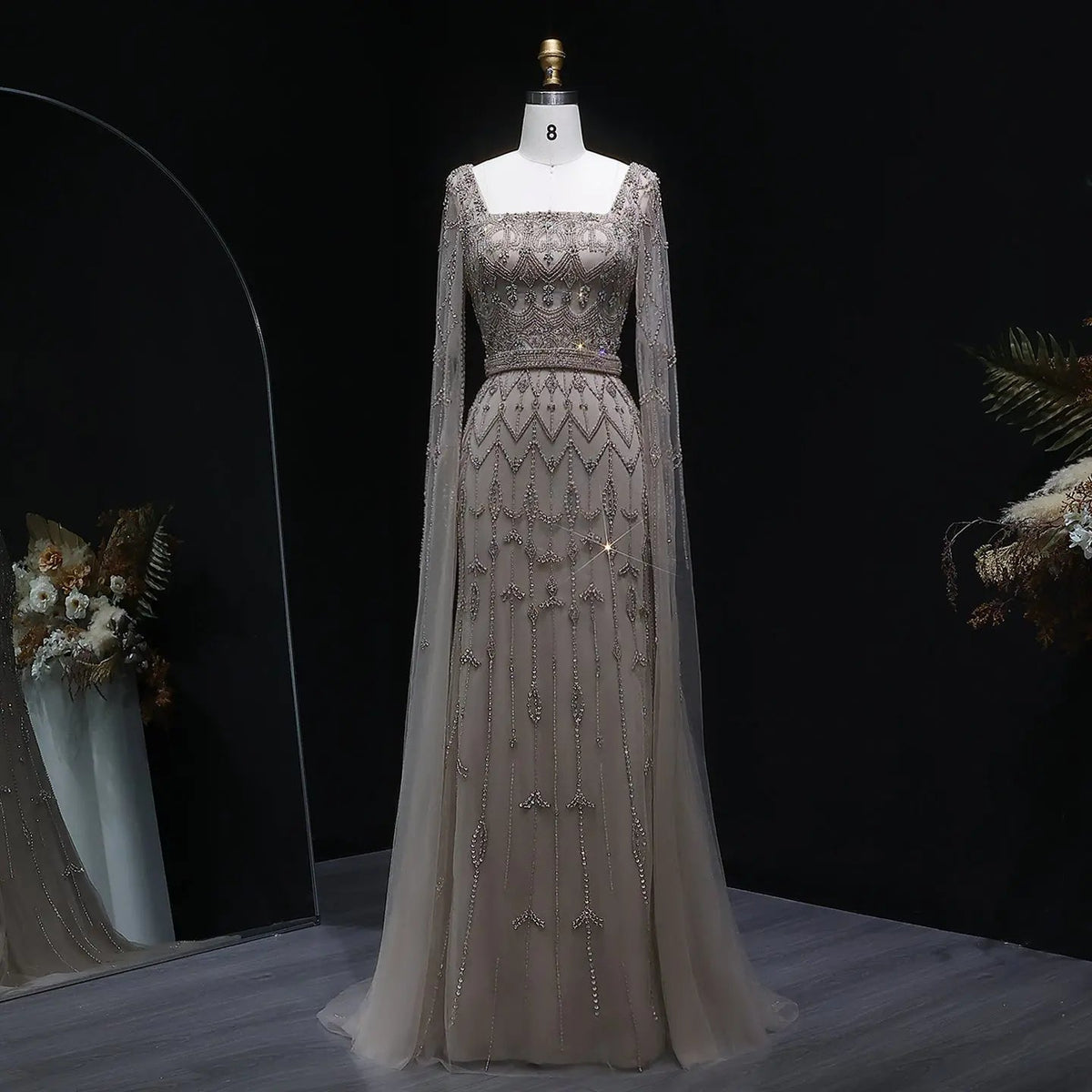 Luxury Beaded Turquoise Evening Dress with Cape Sleeves SS089